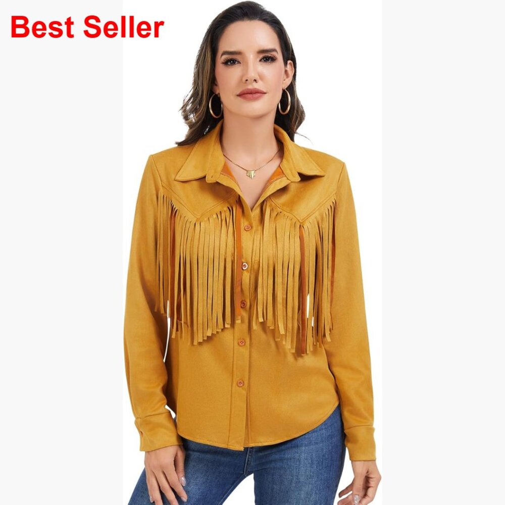 Faux Suede Leather Fringe Shirt Long Sleeve Button Up Western Top